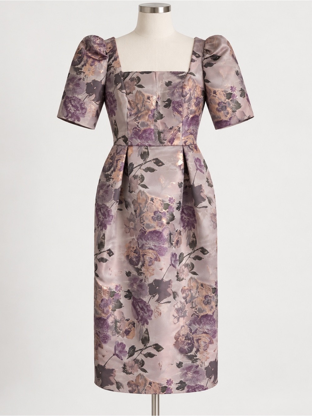 Kay Unger Floral Brocade Midi Dress Purple Gold Puff Sleeve Size 6 NWT
